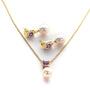 4 MM Round and 5 MM Square Amethyst Stone & 9 - 9.5 MM Cultured Freshwater Pearl Drop Earrings & Pendant Bombay Set in Silver 925 24CT Gold Plated - Zyrola