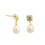 4 MM Swiss Blue Topaz Round Stone & 9 - 9.5 MM Freshwater Pearl Vienna Drop Earrings in 24 CT Gold Plated Silver 925 Setting - Zyrola