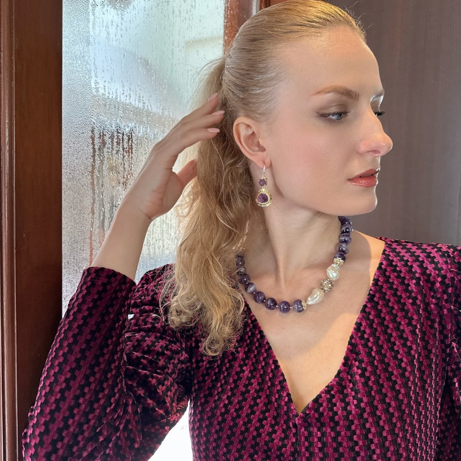 Amethyst With Baroque Pearl Statement Necklace KN046 - Zyrola