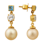 Boucles d’oreilles pendantes Blaxland en perles dorées des mers du Sud avec pierres de topaze bleue et topaze blanche - Zyrola