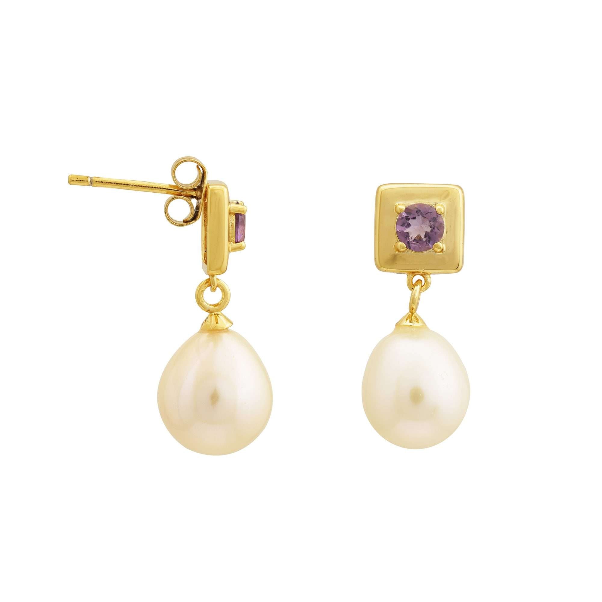 4 MM Amethyst Stone & 9 - 9.5 MM Freshwater Pearl Vienna Earrings in 24 CT Gold Plated Silver 925 Setting - Zyrola