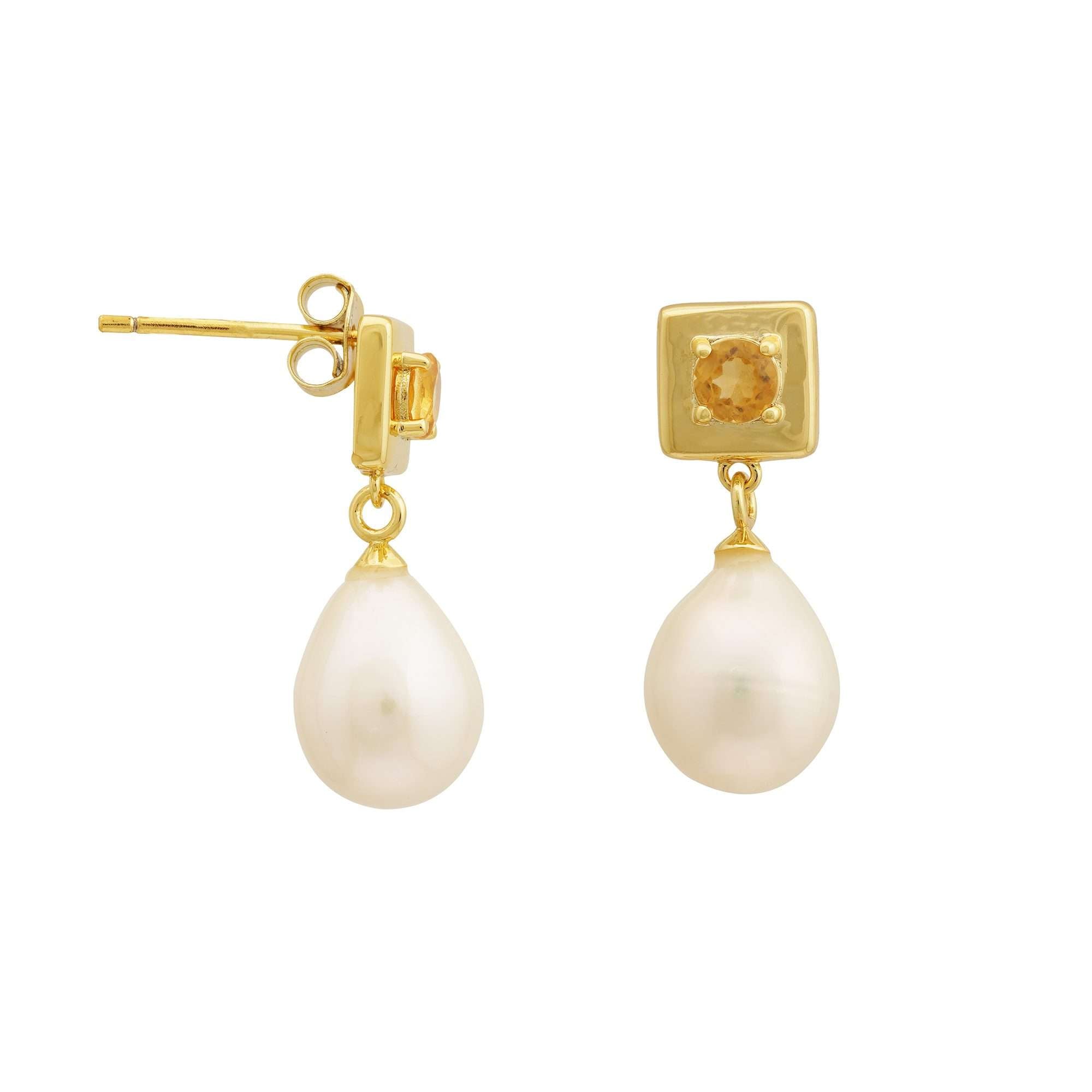 4 MM Citrine Stone & 9 MM Freshwater Pearl Vienna Drop Earrings - Zyrola