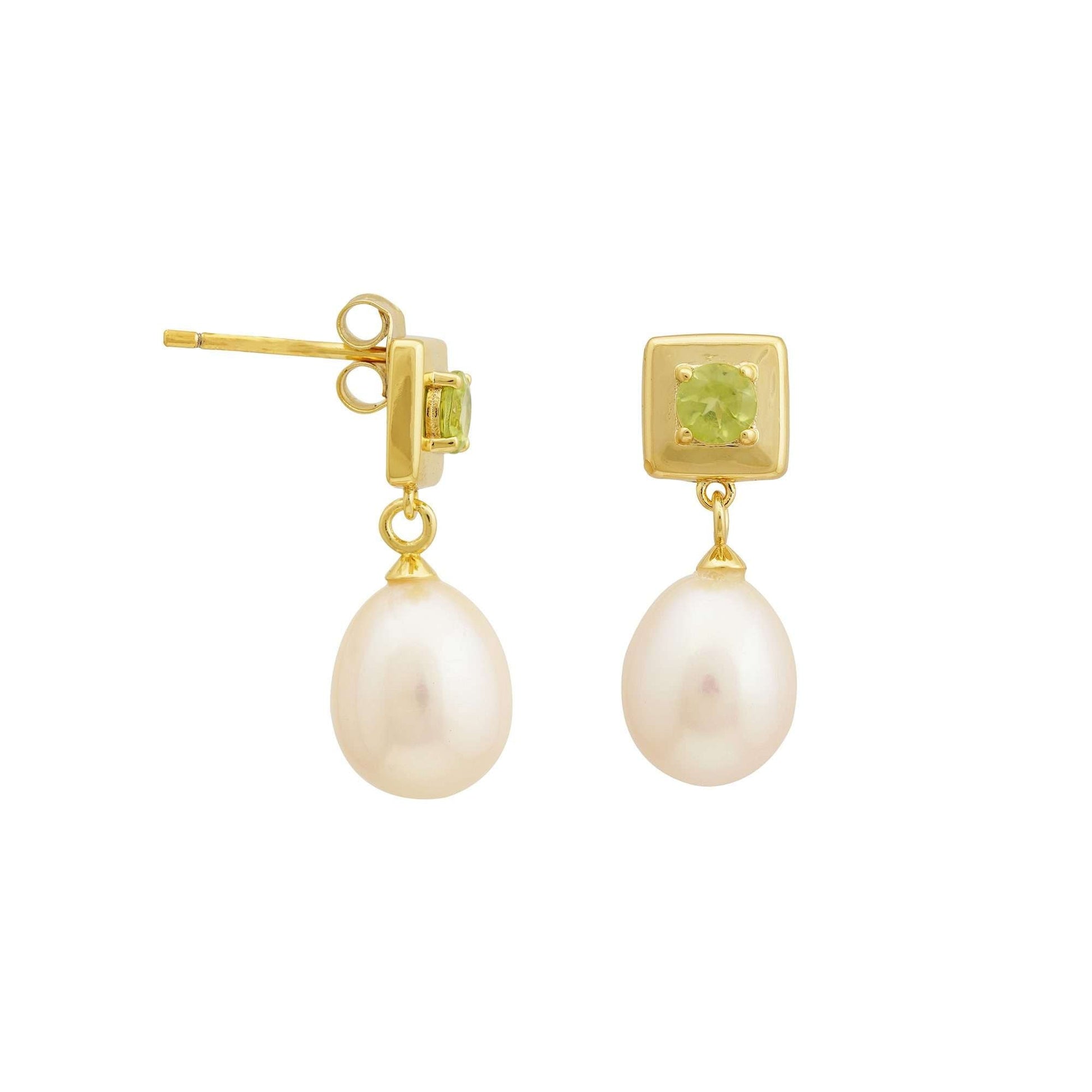 4 MM Peridot Stone & 9 - 9.5 MM Freshwater Pearl Vienna Earrings in 24 CT Gold Plated Silver 925 Setting - Zyrola