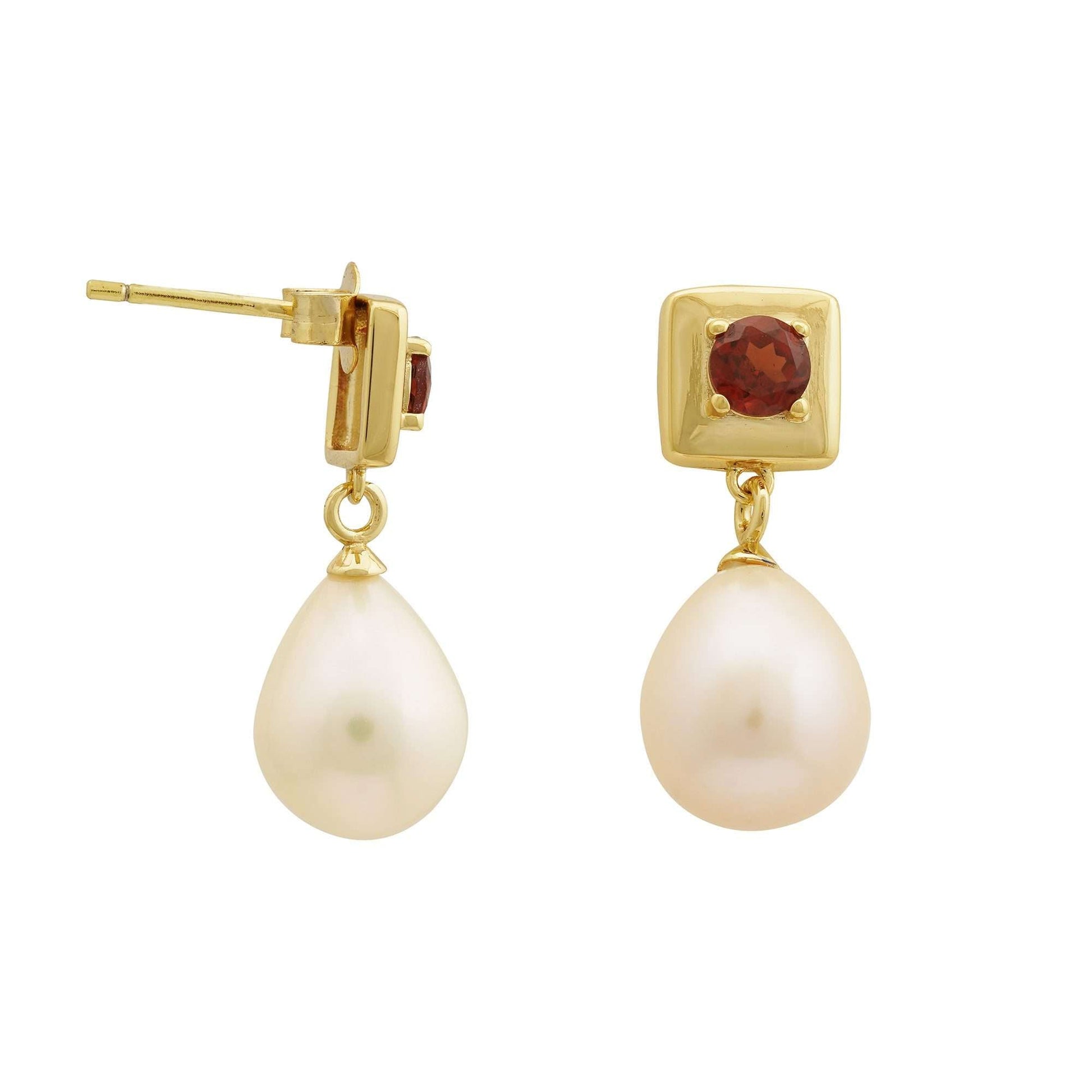 4 MM Red Garnet Stone & 9 - 9.5 MM Freshwater Pearl Vienna Earrings in 24 CT Gold Plated Silver 925 Setting - Zyrola
