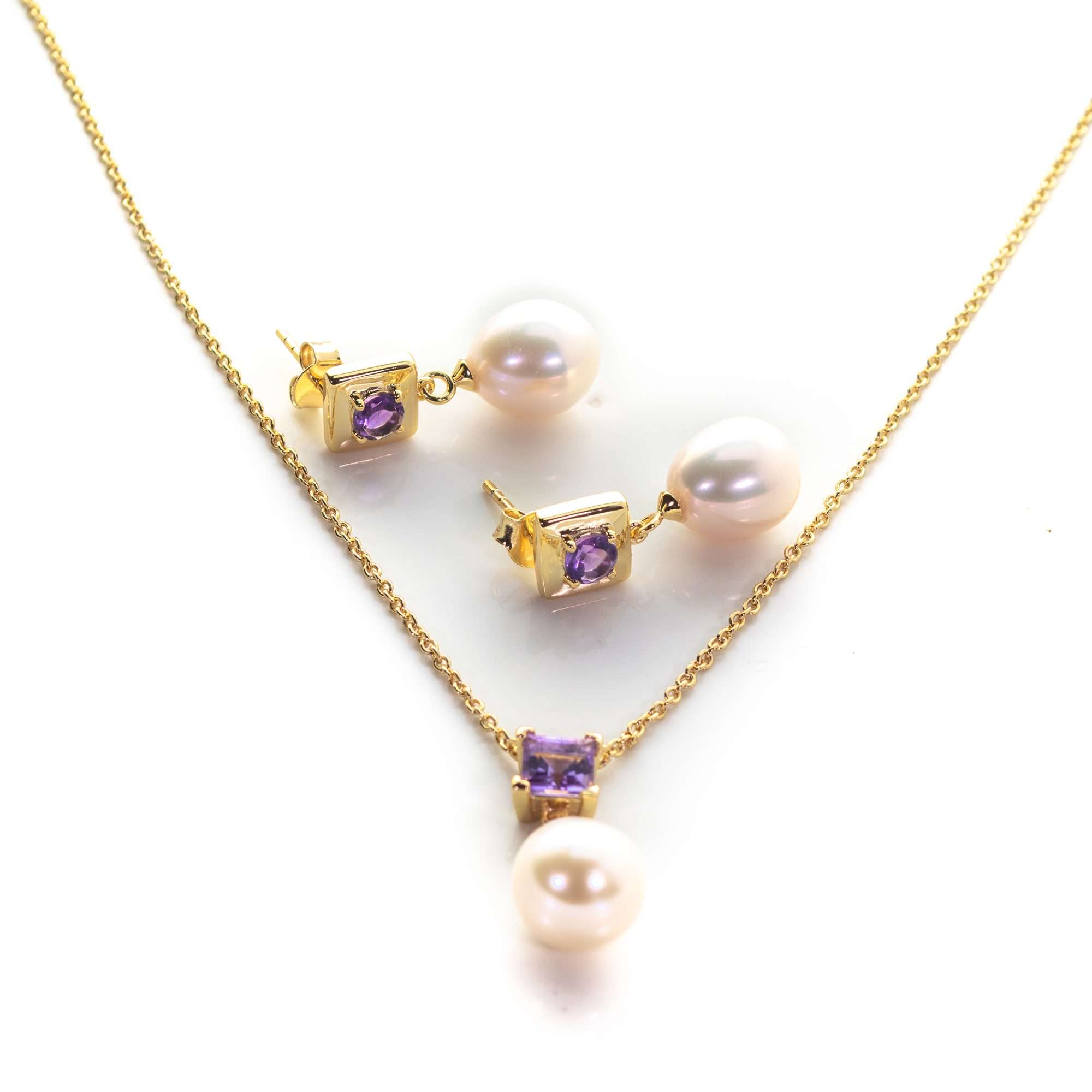 4 MM Round and 5 MM Square Amethyst Stone & 9 - 9.5 MM Cultured Freshwater Pearl Drop Earrings & Pendant Bombay Set in Silver 925 24CT Gold Plated - Zyrola