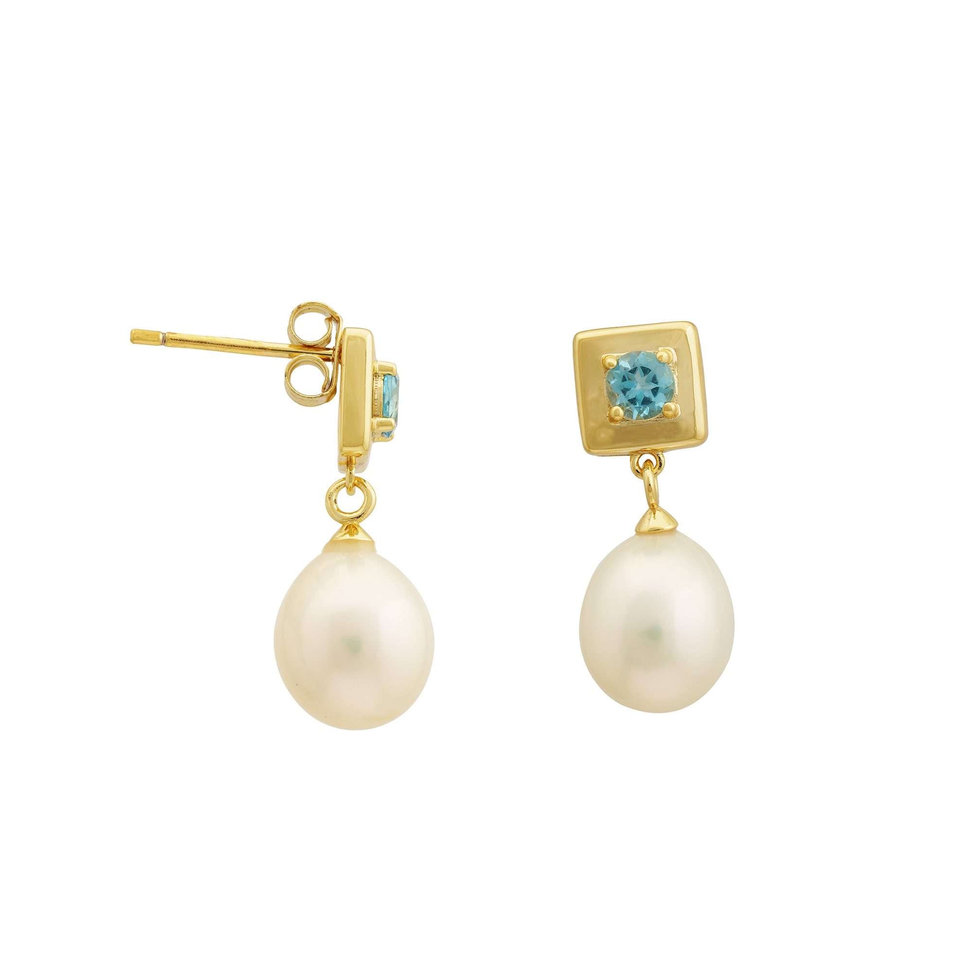 4 MM Swiss Blue Topaz Round Stone & 9 - 9.5 MM Freshwater Pearl Vienna Drop Earrings in 24 CT Gold Plated Silver 925 Setting - Zyrola