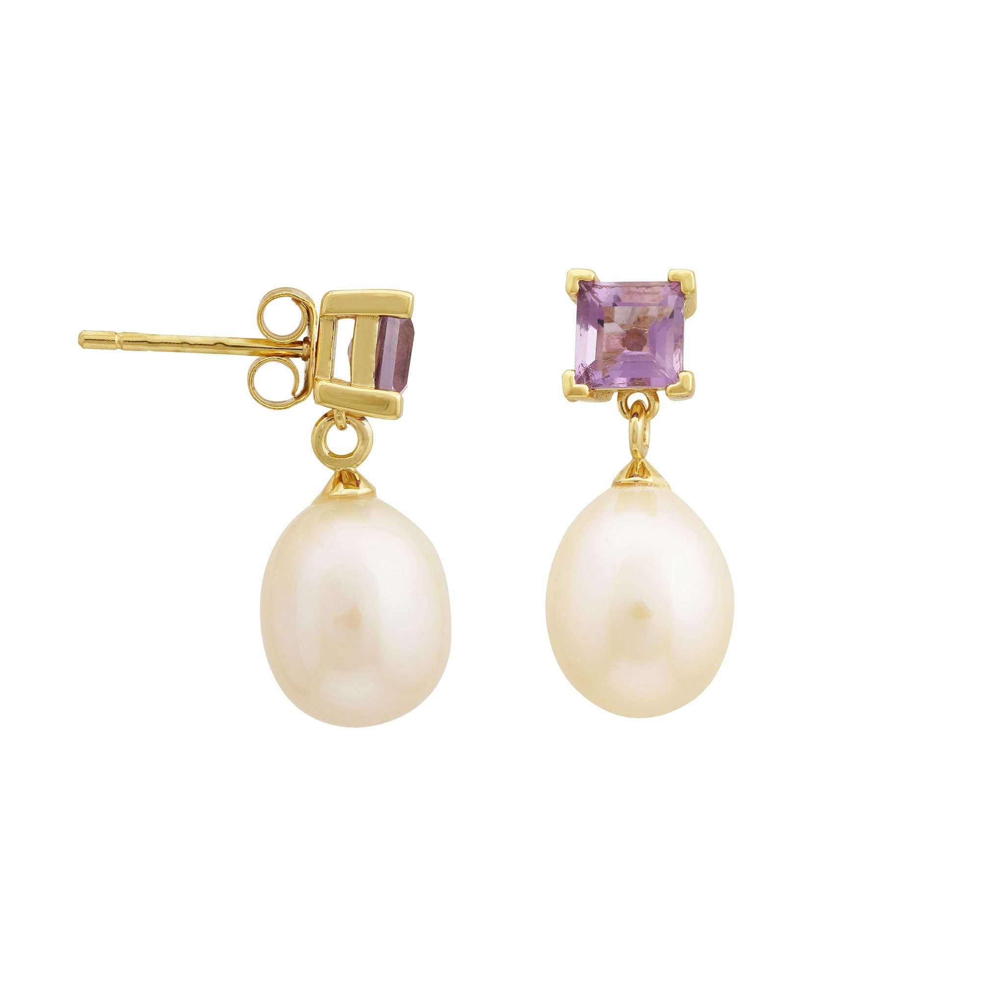 5 MM Amethyst Stone & 9 - 9.5 MM Freshwater Pearl Bordeaux Earrings in 24 CT Gold Plated Silver 925 Setting - Zyrola