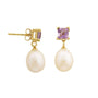 5 MM Amethyst Stone & 9 - 9.5 MM Freshwater Pearl Bordeaux Earrings in 24 CT Gold Plated Silver 925 Setting - Zyrola