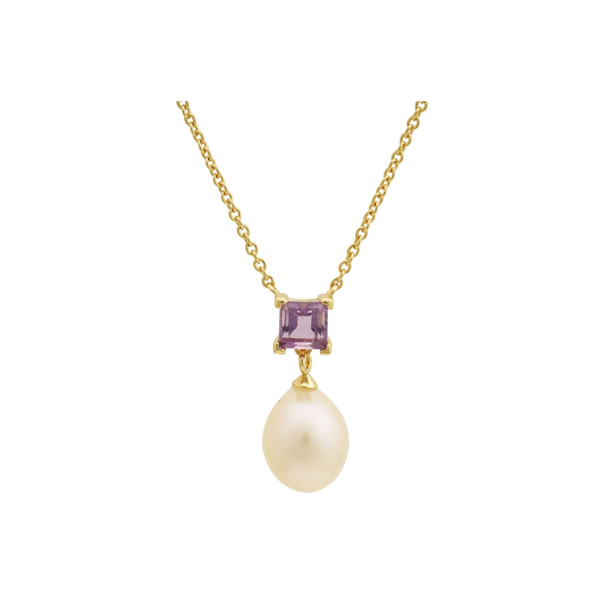5 MM Amethyst Stone & 9 - 9.5 MM Freshwater Pearl Venice Pendant 24 CT Gold Plated Silver 925 Setting - Zyrola