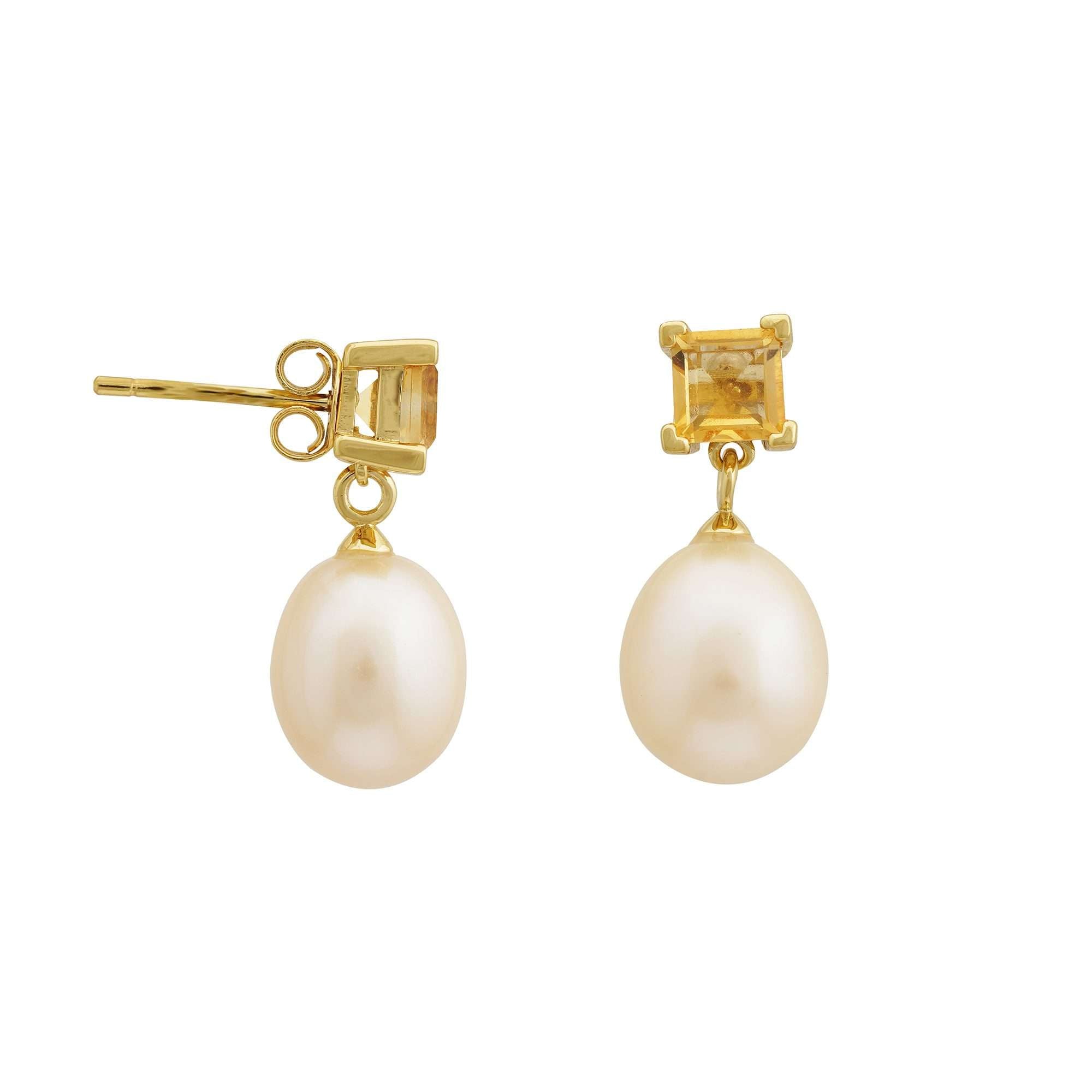 5 MM Citrine Square Stone & 9 - 9.5 MM Freshwater Pearl Bordeaux Drop Earrings in 24 CT Gold Plated Silver 925 Setting - Zyrola