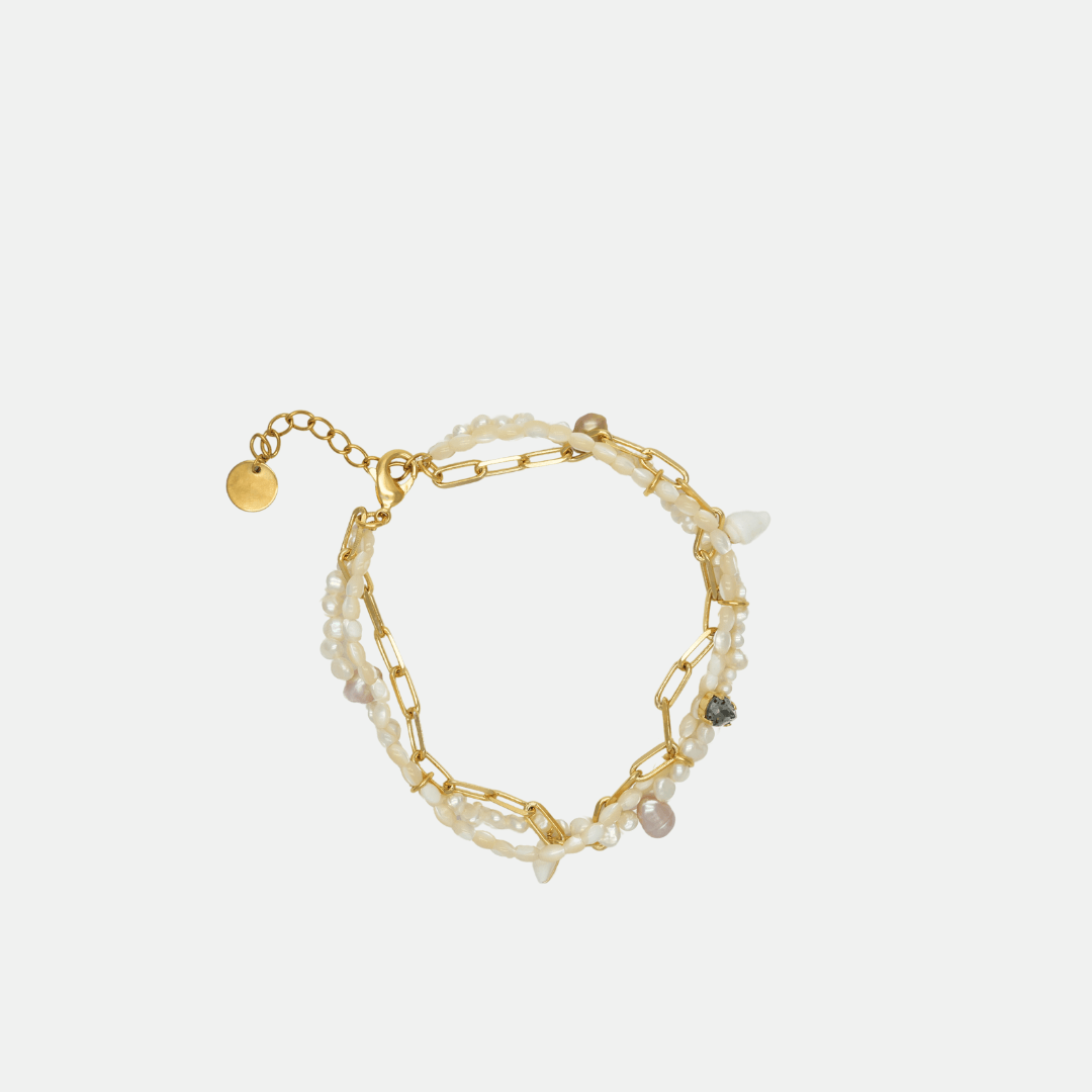 Bracelet de cheville multi-rangs en perles de culture et chaîne rectangulaire plaquée or 24 carats avec cristal Swarovski champagne