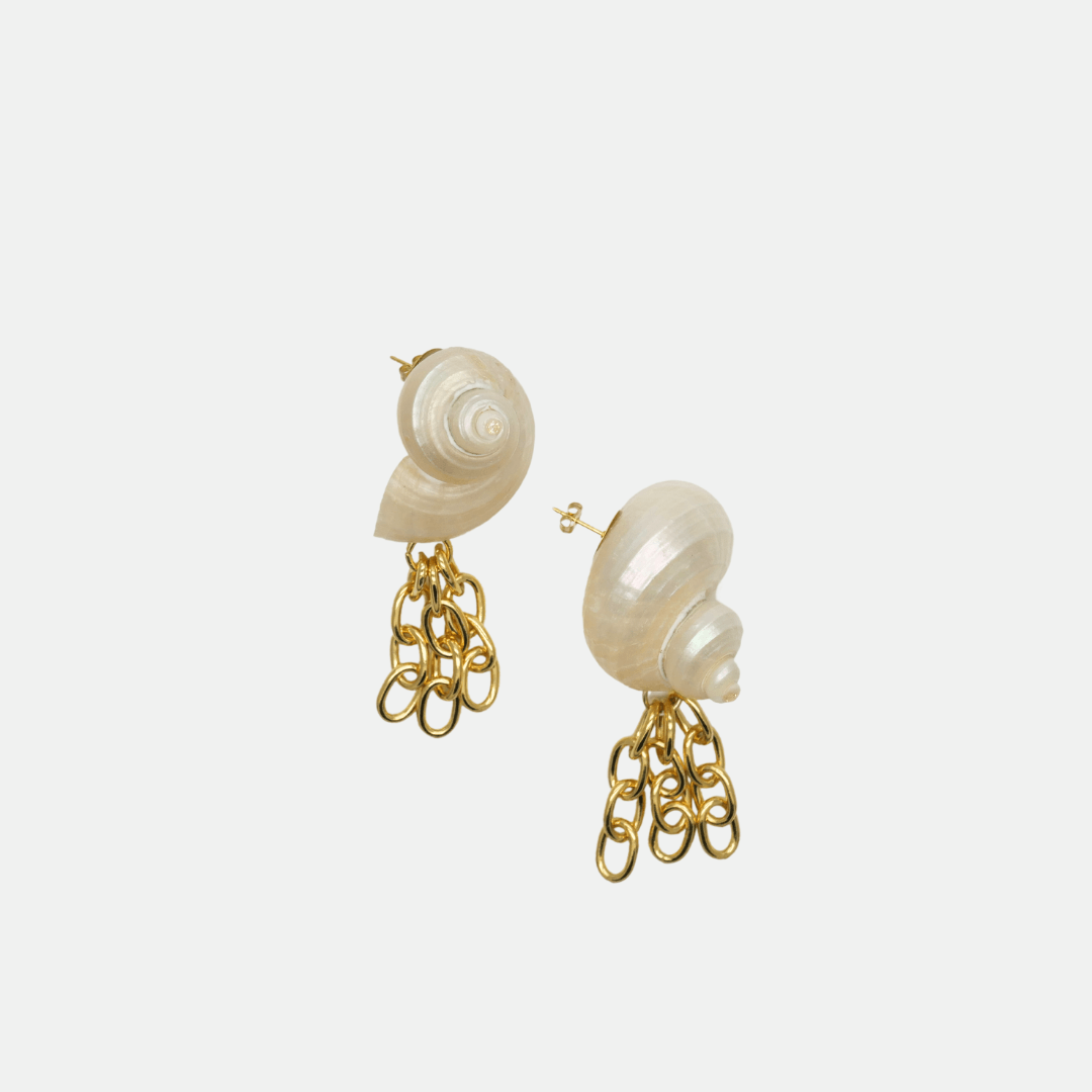 Maxi boucles d’oreilles femme en coquillage asymétrique avec cristal Swarovski champagne et plaqué or