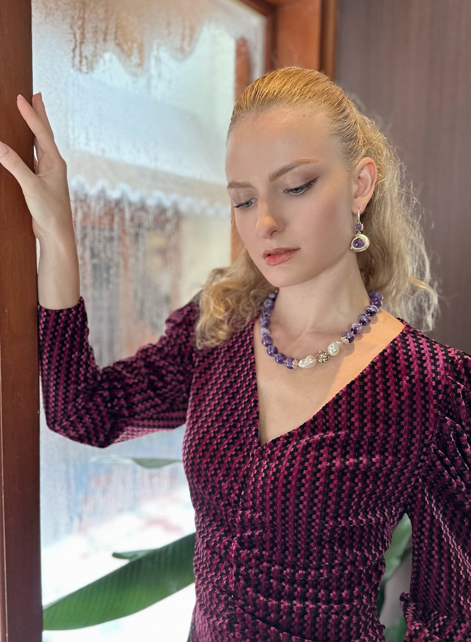 Amethyst With Baroque Pearl Statement Necklace KN046 - Zyrola