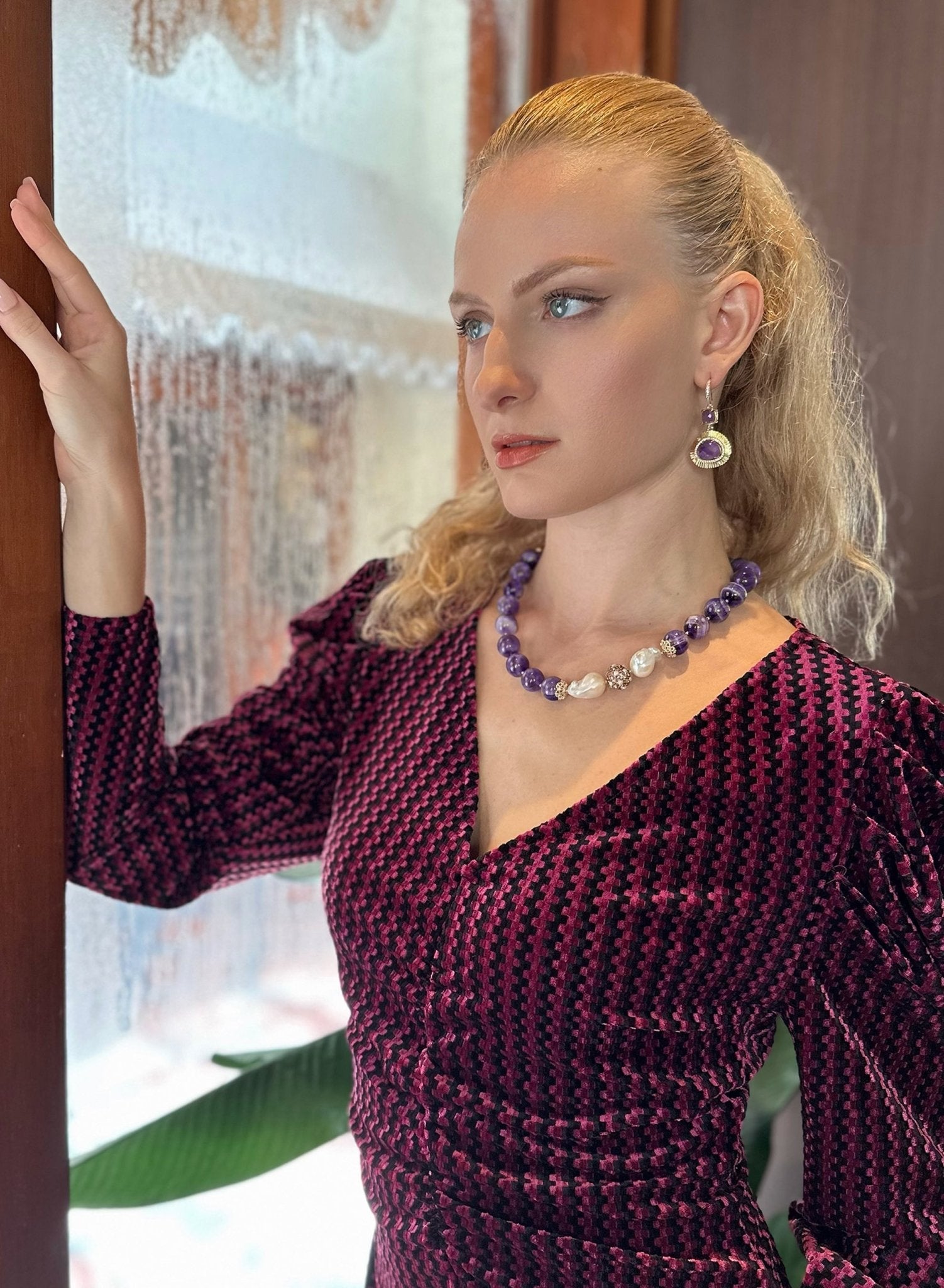 Amethyst With Baroque Pearl Statement Necklace KN046 - Zyrola