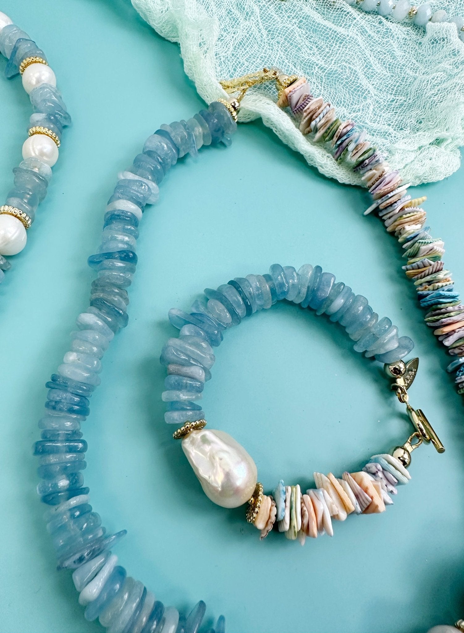 Aquamarine and Colorful Shell with Baroque Pearl Bracelet JB012 - Zyrola