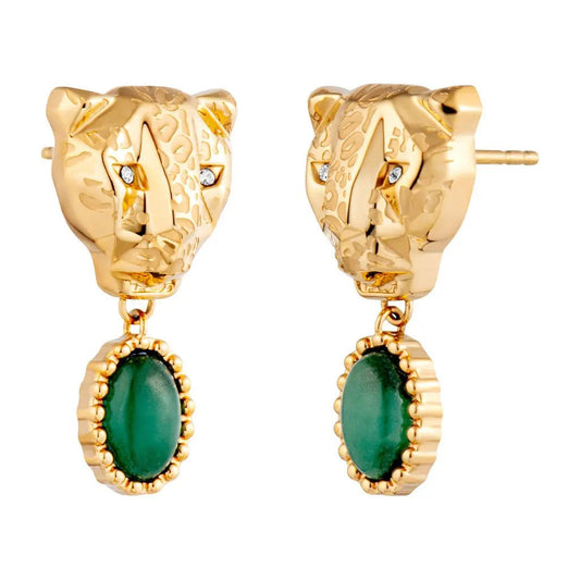 Boucles d'Oreilles Félin Doré–Tête de Panthère & Pierre Verte Émeraude - Zyrola