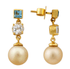 Boucles d’oreilles pendantes Blaxland en perles dorées des mers du Sud avec pierres de topaze bleue et topaze blanche - Zyrola