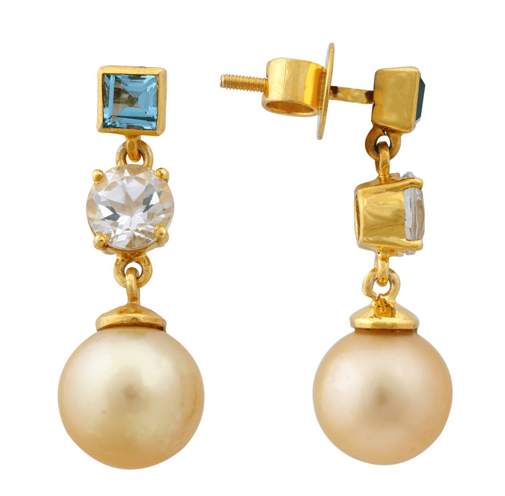 Boucles d’oreilles pendantes Blaxland en perles dorées des mers du Sud avec pierres de topaze bleue et topaze blanche - Zyrola