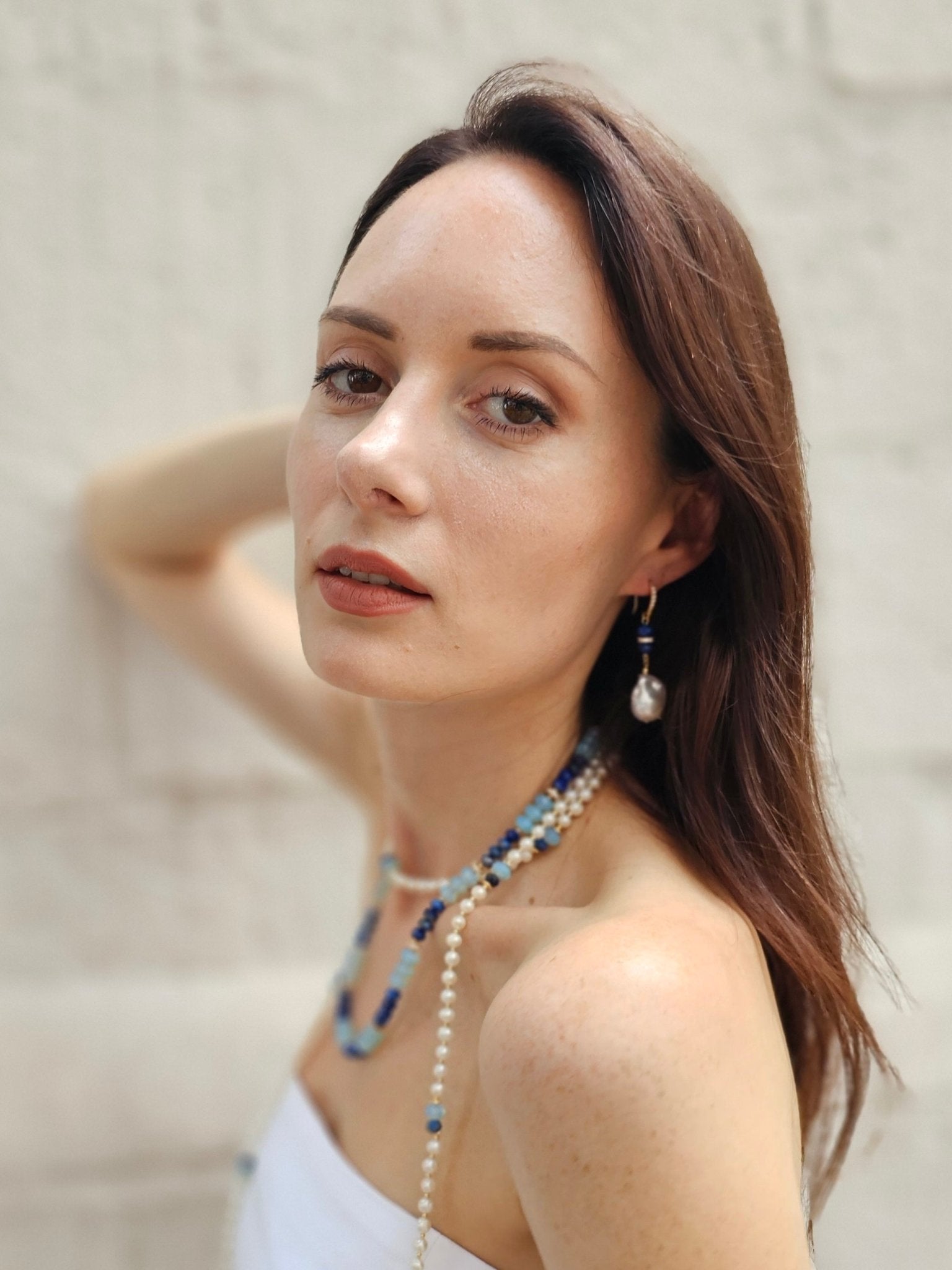 Elegance Baroque Pearls With Lapis Dangle Earrings NE043 - Zyrola