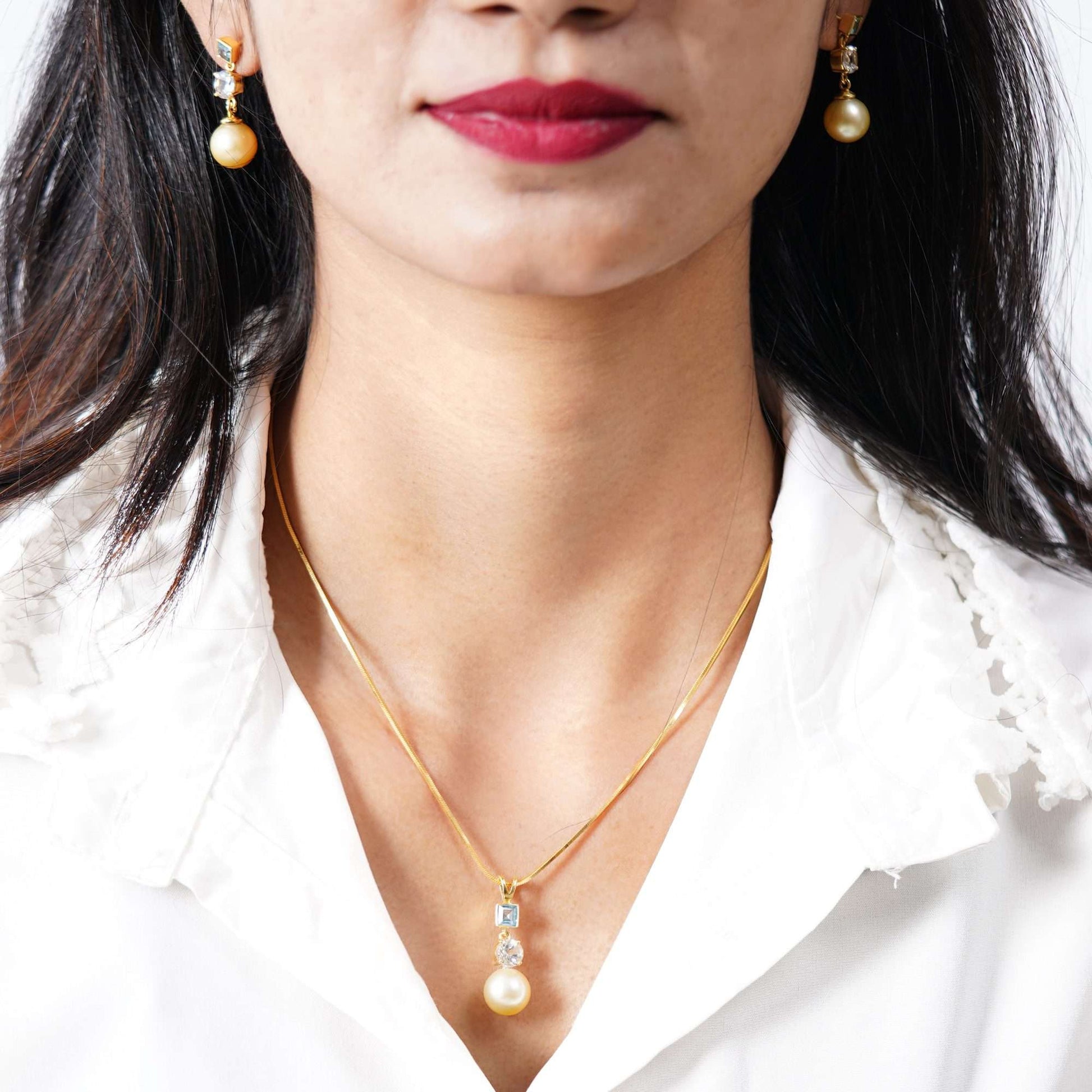 Golden South Sea Pearl with Blue & White Topaz Stones Blackheath Pendant 9.5 - 10.5 MM - Zyrola
