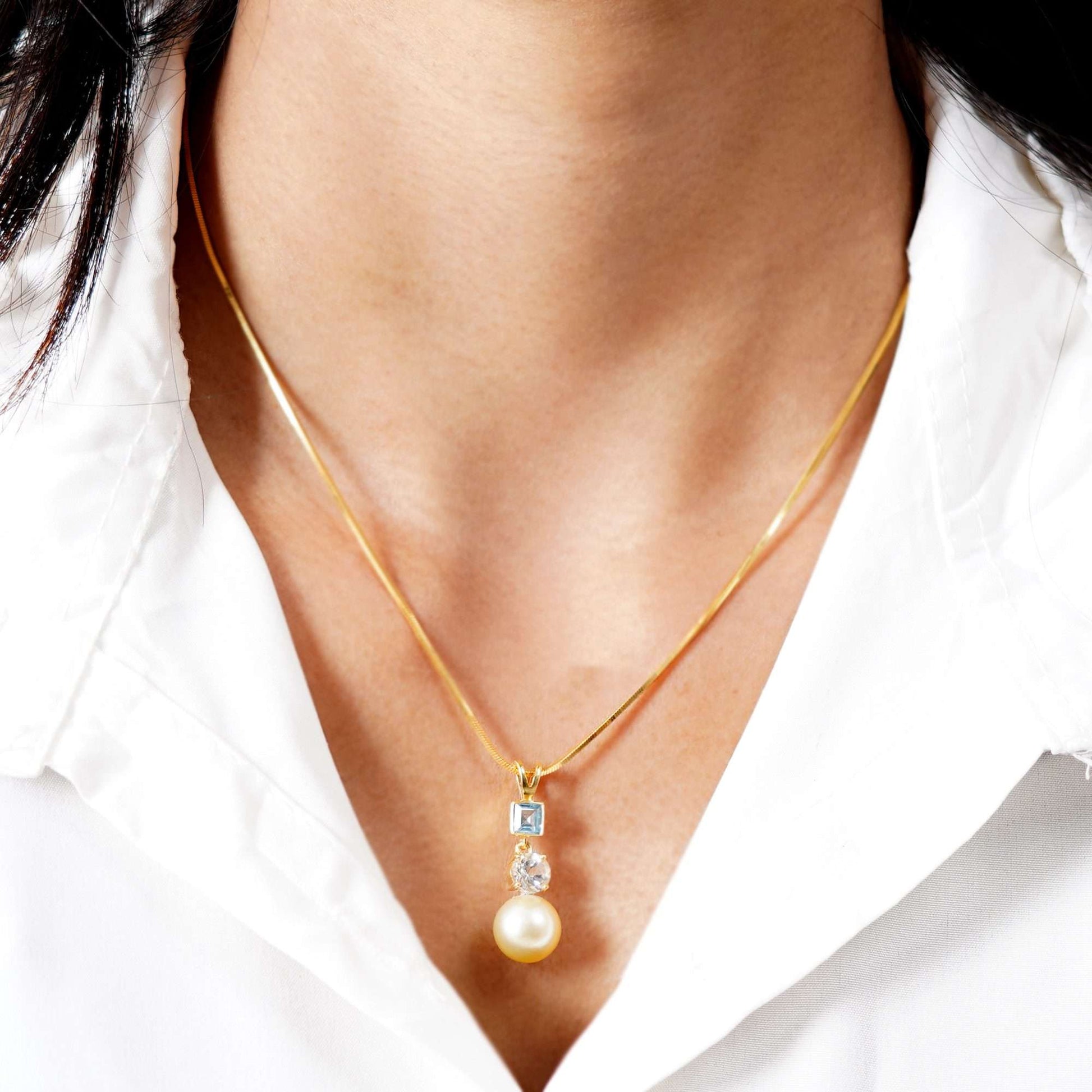 Golden South Sea Pearl with Blue & White Topaz Stones Blackheath Pendant 9.5 - 10.5 MM - Zyrola