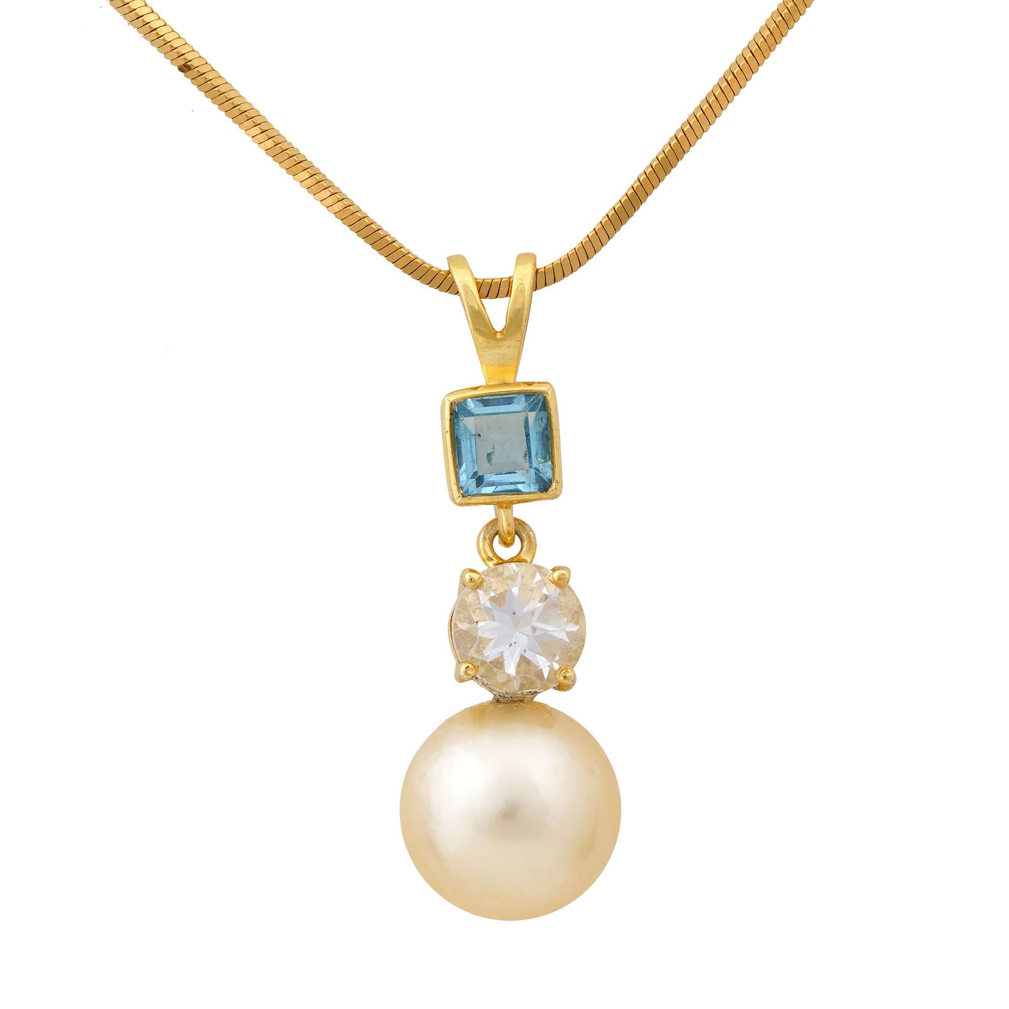 Golden South Sea Pearl with Blue & White Topaz Stones Blackheath Pendant 9.5 - 10.5 MM - Zyrola