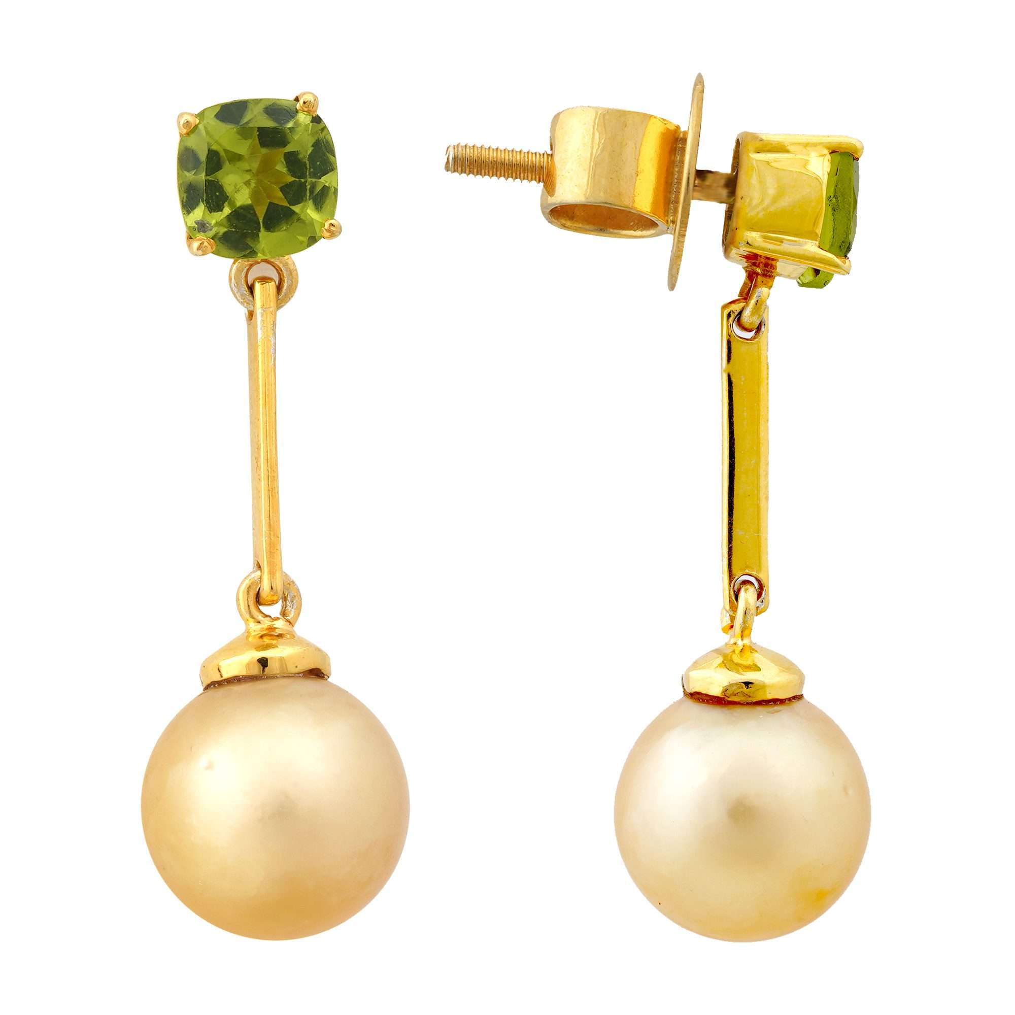 Golden South Sea Pearl with Green Peridot Stone Albany Drop Earrings 10 - 10.5 MM - Zyrola