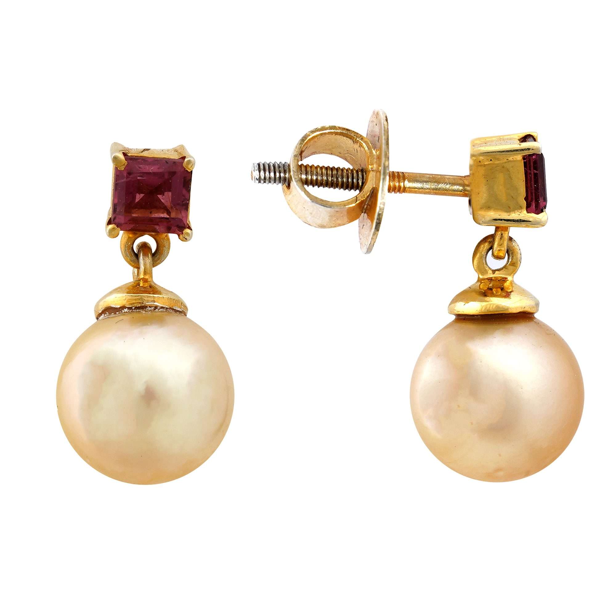 Golden South Sea Pearl with Pink Tourmaline Stone Melbourne Drop Earrings 9.5 - 10.5 MM - Zyrola