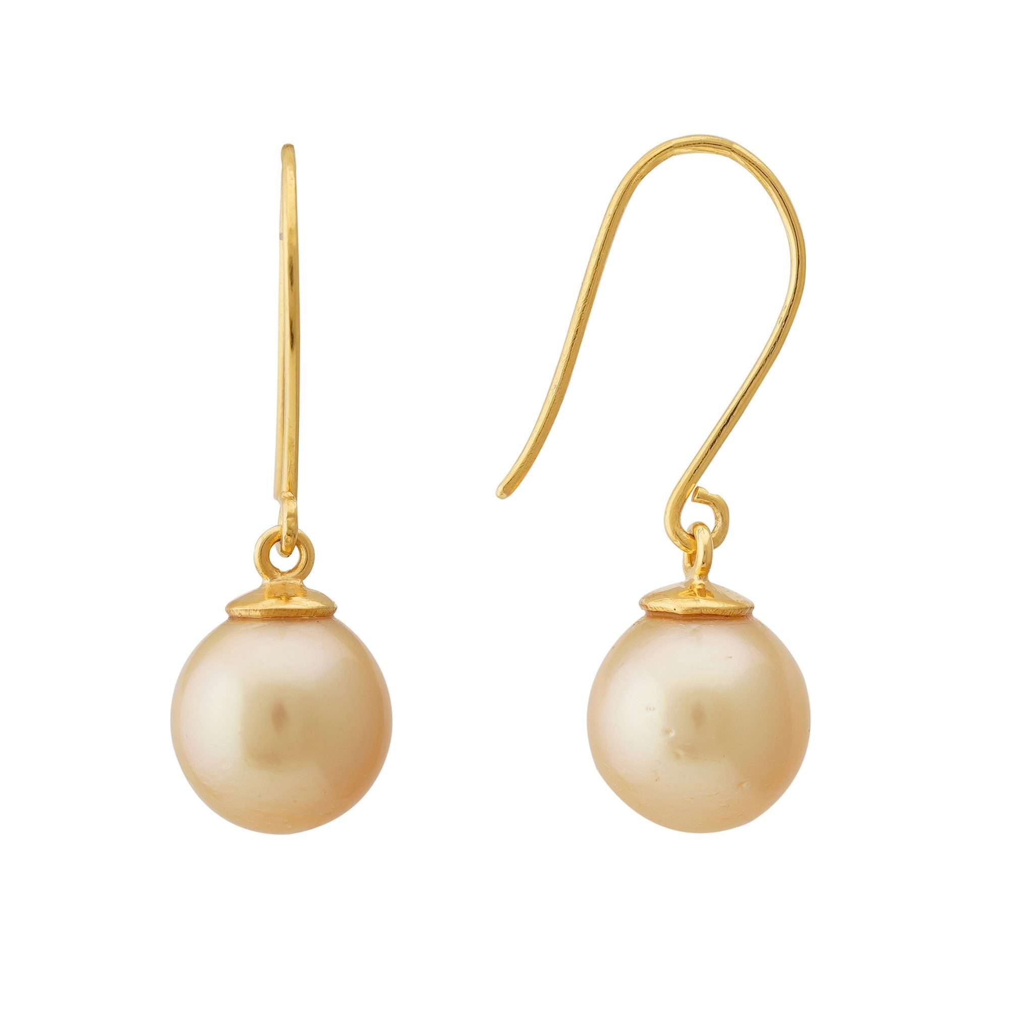 South Sea Golden Pearls French Hook Nantes Earrings in 10 CT Gold 8.5 - 9.5 MM AA+ - Zyrola